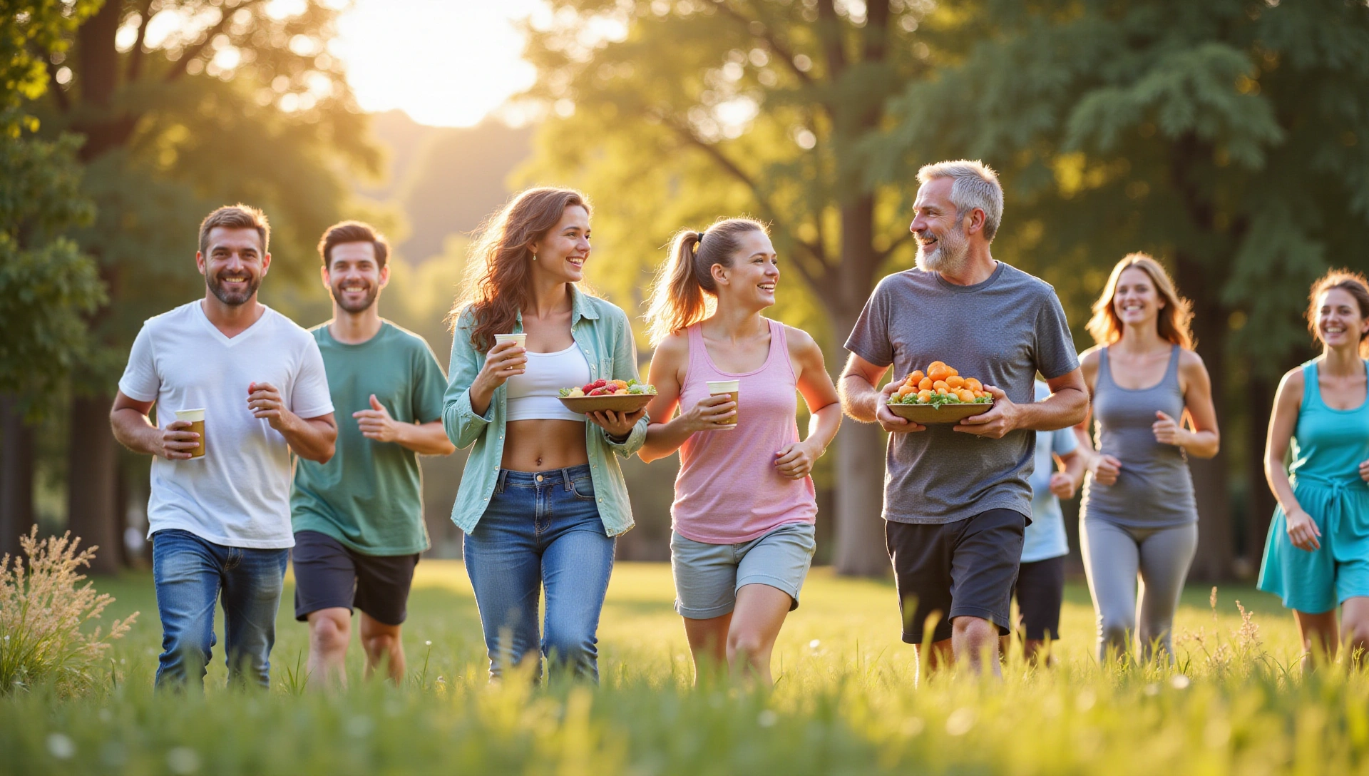 Familia feliz comiendo alimentos saludables y haciendo ejercicio.