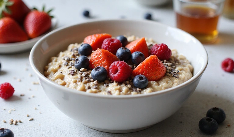 Un tazón de avena con bayas frescas, semillas y miel, mostrando un desayuno nutritivo y energizante.