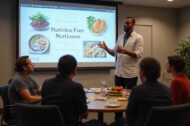 Nutricionista dando una charla a una audiencia atenta