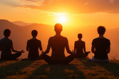 Personas haciendo yoga y meditación, simbolizando bienestar integral