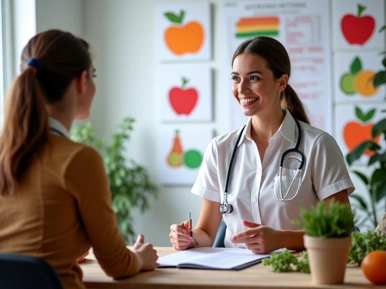 Nutrióloga explicando un plan nutricional a un cliente