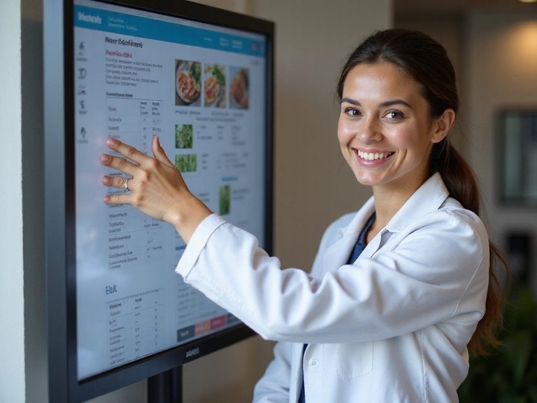 Nutrióloga sonriendo y consultando un gráfico nutricional