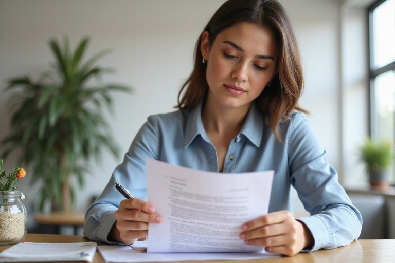 Mujer leyendo un documento con un lápiz, simbolizando la aceptación de términos y condiciones.
