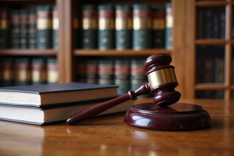 Un martillo de juez y un libro de leyes sobre una mesa de madera, simbolizando la ley y la justicia.